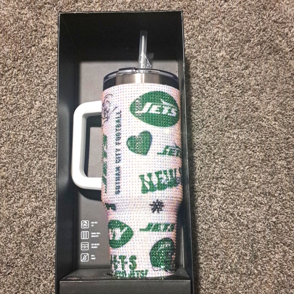 NFL Jets Rhinestone Tumbler with Straw Bling Colossal 40oz